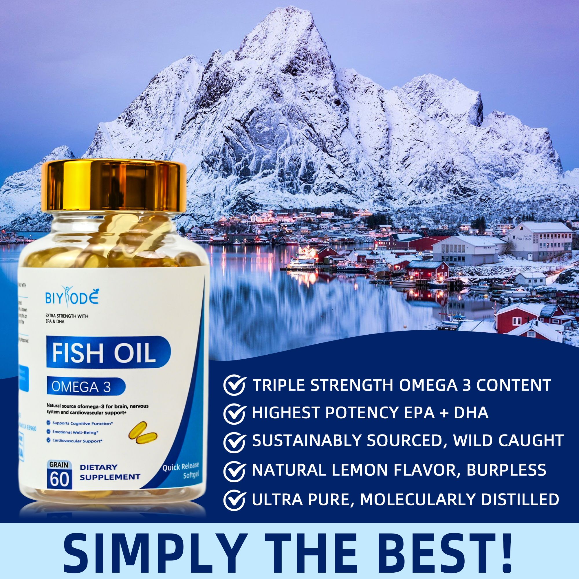 Omega-3 Fish Oil Softgels Extra Strength EPA & DHA Omega-3s provide brain, nervous system and cardiovascular support 1250mg 60 capsules