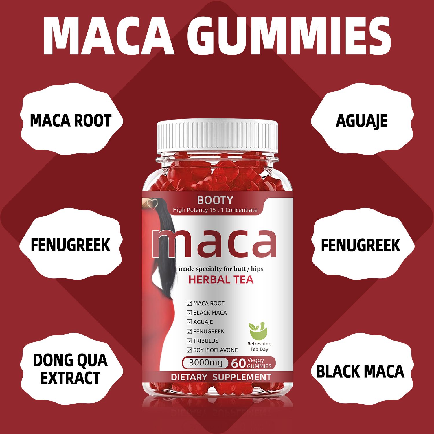BBL Premium Butt Enhancement Gummies - Maca Root Aguaje Fenugreek Dong Qua Extract- Enlarge buttocks, lift, firm, and firm for more beautiful curves 60 Gummies