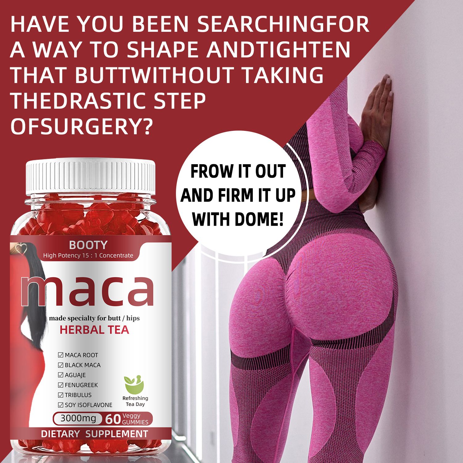 BBL Premium Butt Enhancement Gummies - Maca Root Aguaje Fenugreek Dong Qua Extract- Enlarge buttocks, lift, firm, and firm for more beautiful curves 60 Gummies