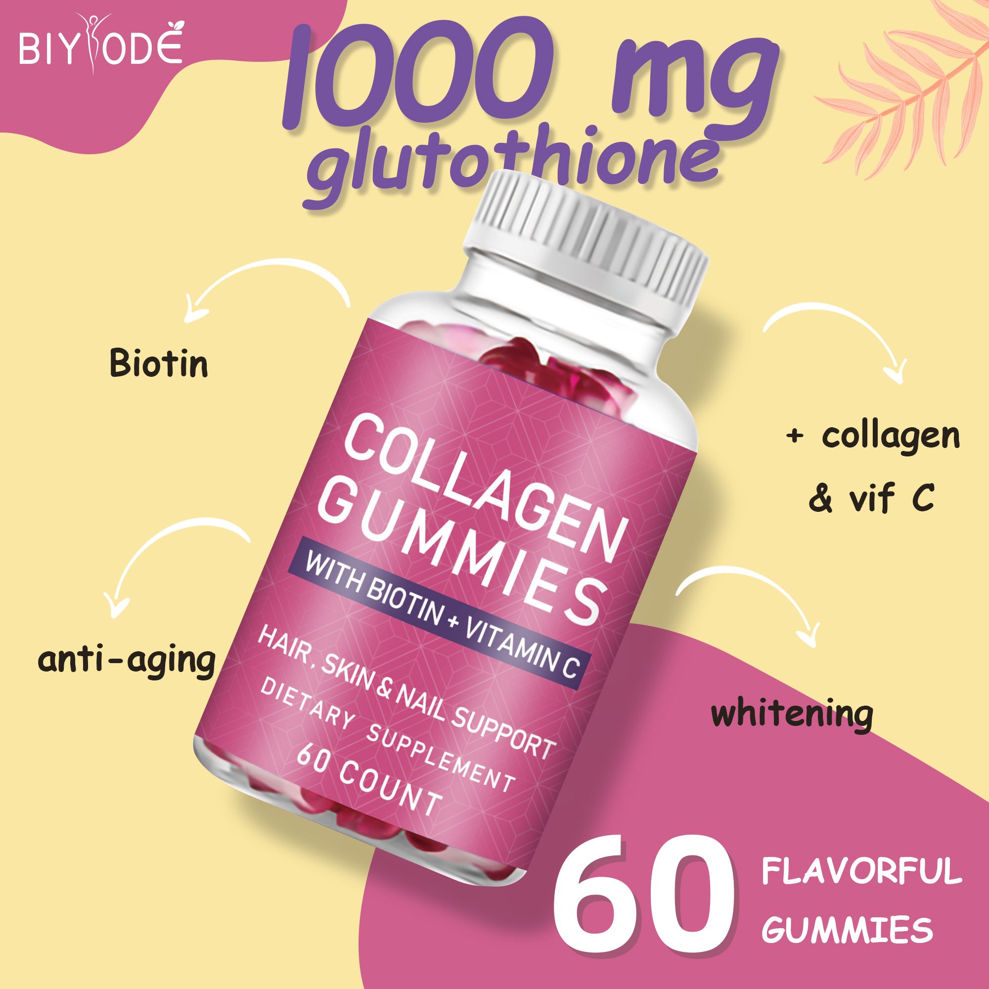 BIYODE Collagen Gummies with Biotin + Vitamin C for your hair, skin and nails Enjoy healthier, radiant skin and hair Dietary Supplement 60 capsules