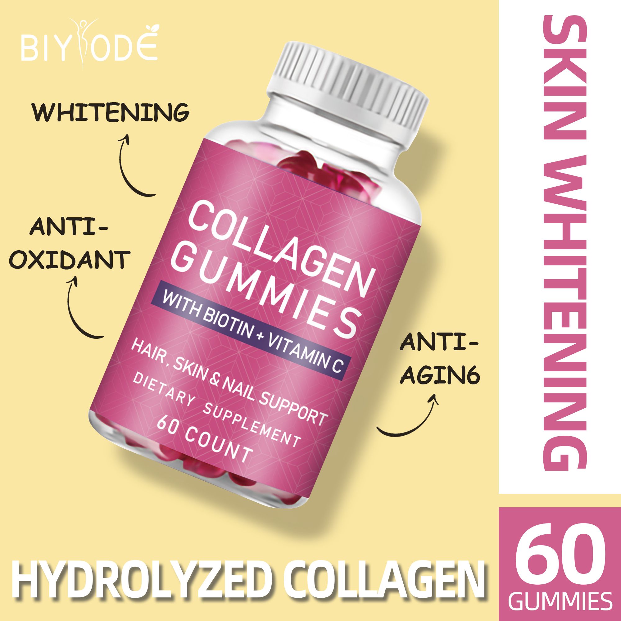 BIYODE Collagen Gummies with Biotin + Vitamin C for your hair, skin and nails Enjoy healthier, radiant skin and hair Dietary Supplement 60 capsules