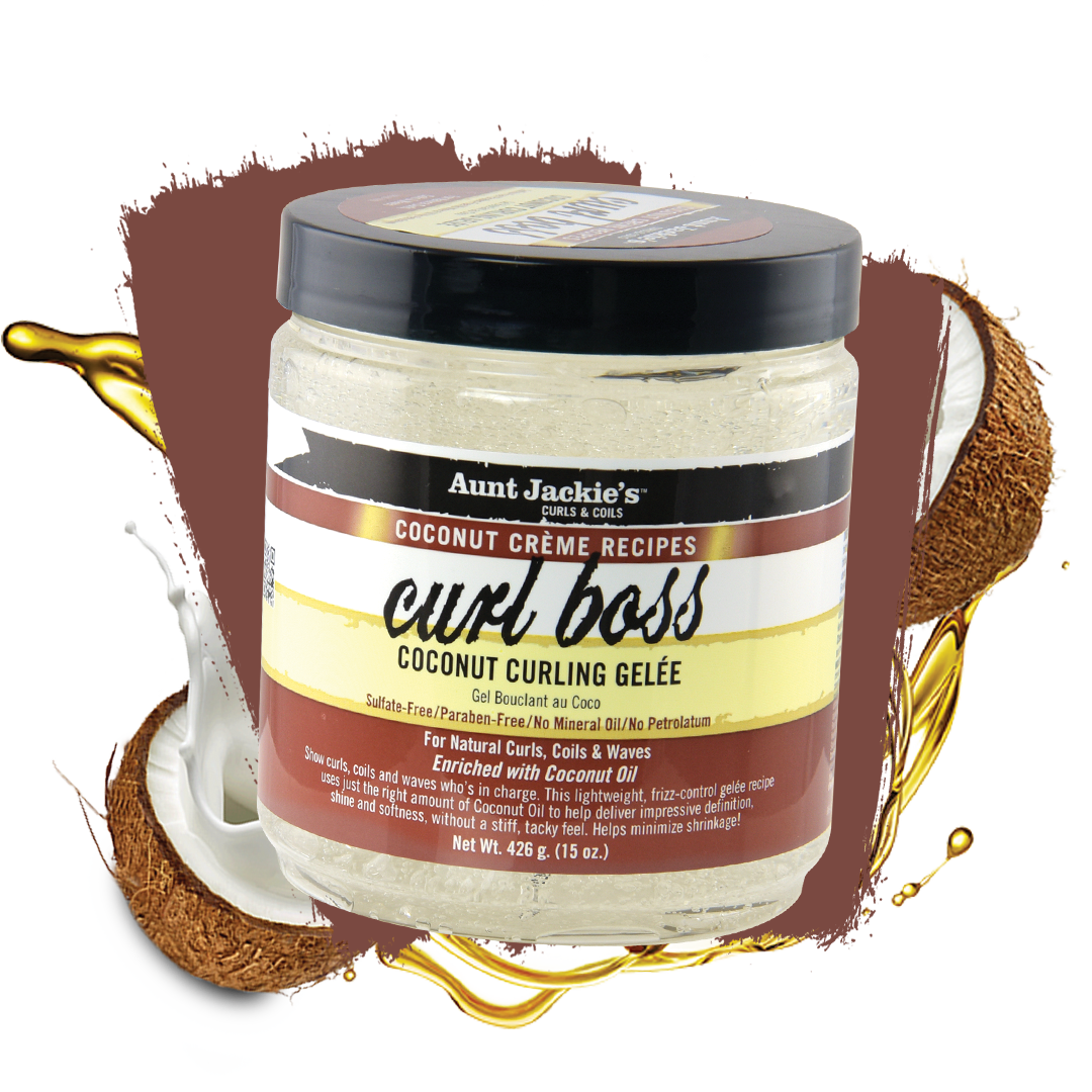 Aunt Jackie's Curls & Coils Coconut Creme Curl Boss 255g; helps achieve soft, bouncy, smooth, hydrated, radiant-looking curls, coils and waves.