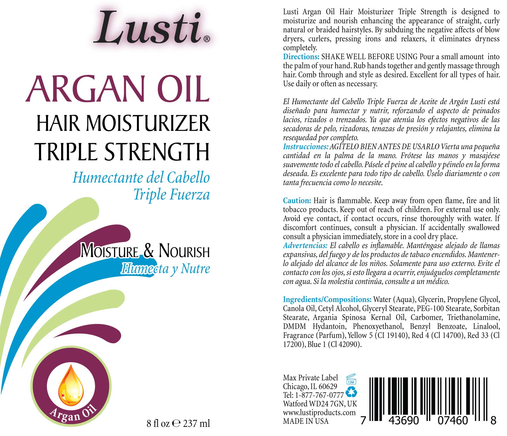 Lustu Argan Oil Hair Moisturizer Triple Strength - Moisture,Nourish and eliminates Dryness Completely 237 ml