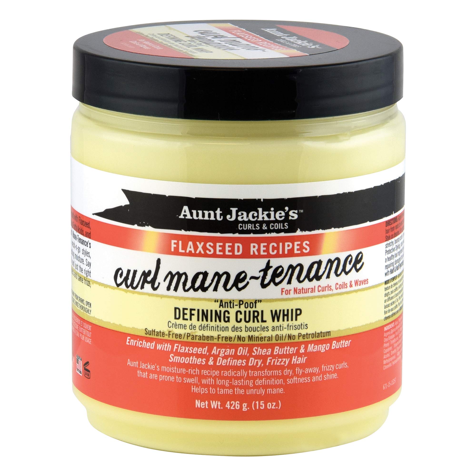 Aunt Jackie's Flaxseed Recipes Curl Mane-tenance, Lightwieght Anti-Poof Defining Curl Whip, Enriched with Flaxseed, Argan Oil and Shea Butter, Great for Dry and Frizzy Hair 426g