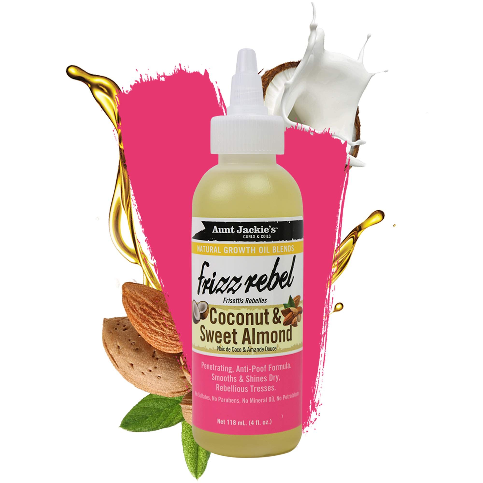 Aunt Jackie's Natural Growth Oil Blends Frizz Rebel - Coconut and Sweet Almond, Smooths and Shines Dry, Rebellious Tresses, Anti-Poof Formula 118 ml