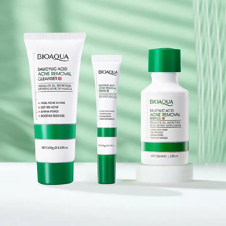 Bioaqua Acne Treatment Set, 3 Piecies Salicylic Acid Acne and Oil Control Set , Salicylic Acid Essence + Salicylic Acid Cream + Foaming Cleanser, Akin to Vitamin C in Shrinking Pores, Remove Acne