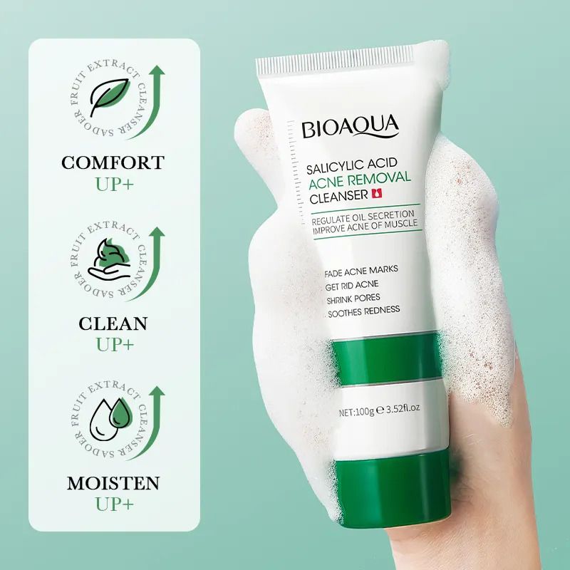 Bioaoua 2 Pieces Acne Removal Essence + Salicylic Acid Face Wash, For Facial Cleanser, Acne treatment, Shrink Pores, Sooth Redness, Eradicate Acne Marks, Can Use Vitamin C Together, Skin Smoothening