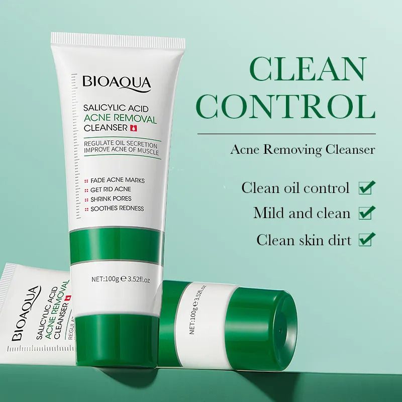 Bioaoua 2 Pieces Acne Removal Essence + Salicylic Acid Face Wash, For Facial Cleanser, Acne treatment, Shrink Pores, Sooth Redness, Eradicate Acne Marks, Can Use Vitamin C Together, Skin Smoothening