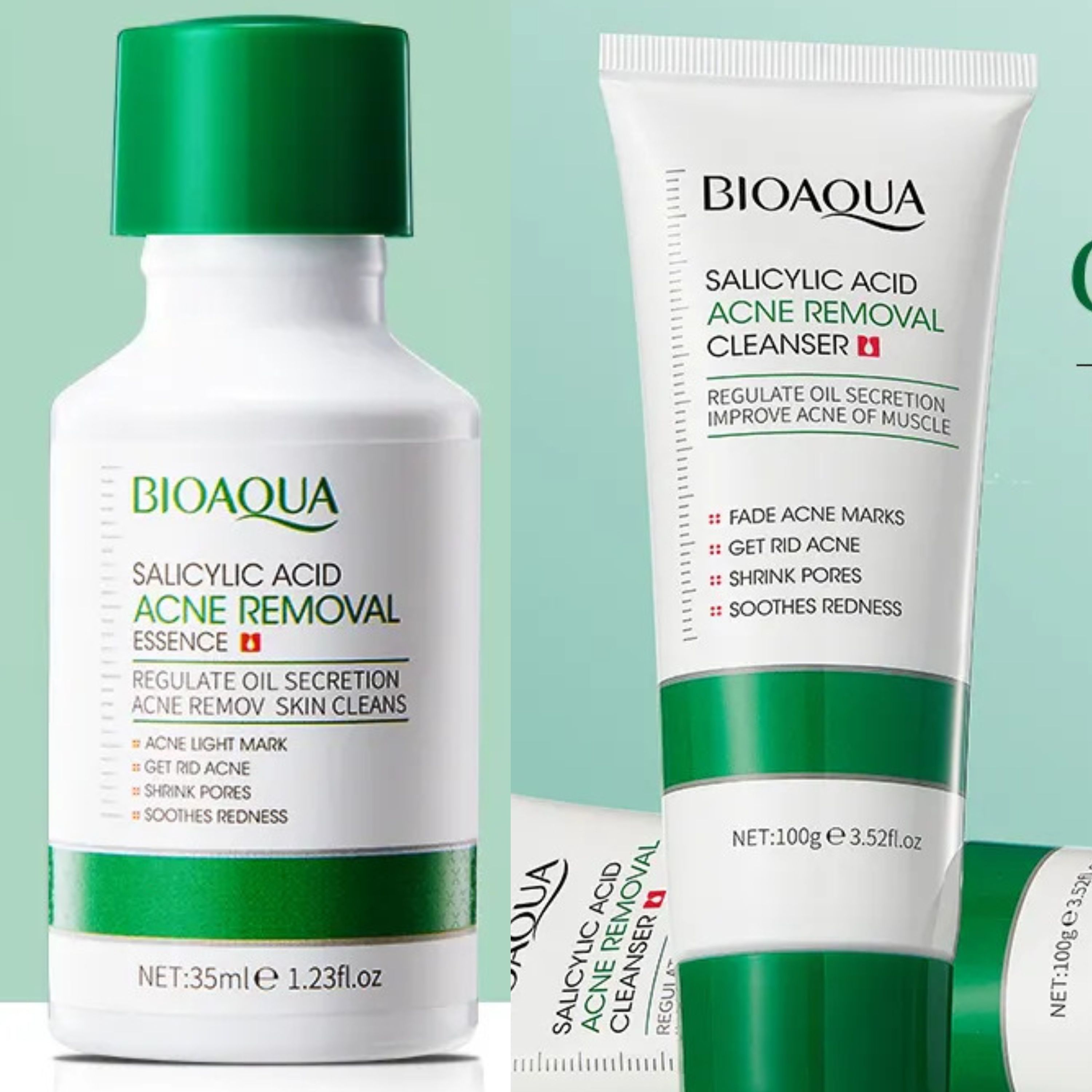 Bioaoua 2 Pieces Acne Removal Essence + Salicylic Acid Face Wash, For Facial Cleanser, Acne treatment, Shrink Pores, Sooth Redness, Eradicate Acne Marks, Can Use Vitamin C Together, Skin Smoothening