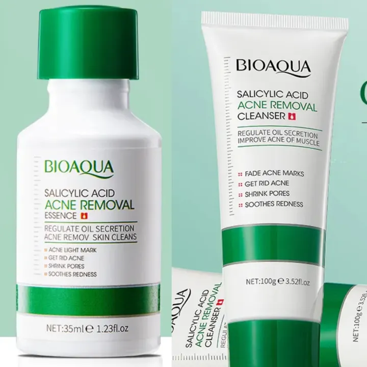 Bioaoua 2 Pieces Acne Removal Essence + Salicylic Acid Face Wash, For Facial Cleanser, Acne treatment, Shrink Pores, Sooth Redness, Eradicate Acne Marks, Can Use Vitamin C Together, Skin Smoothening