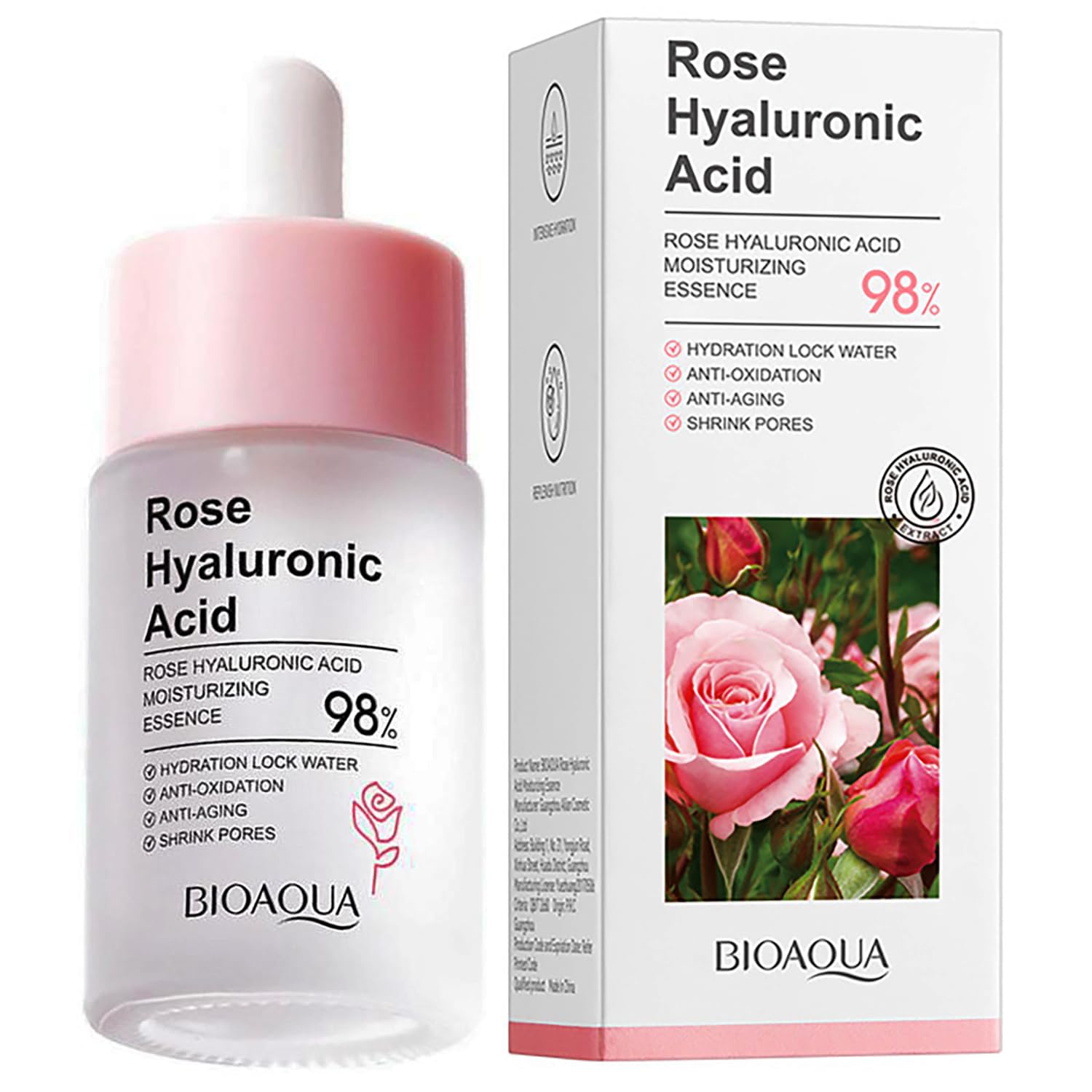 BIOAQUA Rose Hyaluronic Acid Moisturizing Essence, for Intensive Hydration, Replenish Skin Nutrition, Anti Oxidation, Anti Aging and Shrink Pores, Can combine with Vitamin C for Brightened Moisturized
