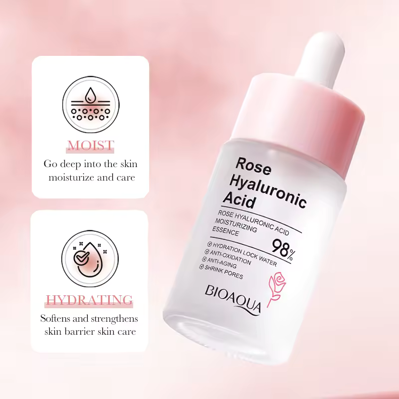 BIOAQUA Rose Hyaluronic Acid Moisturizing Essence, for Intensive Hydration, Replenish Skin Nutrition, Anti Oxidation, Anti Aging and Shrink Pores, Can combine with Vitamin C for Brightened Moisturized