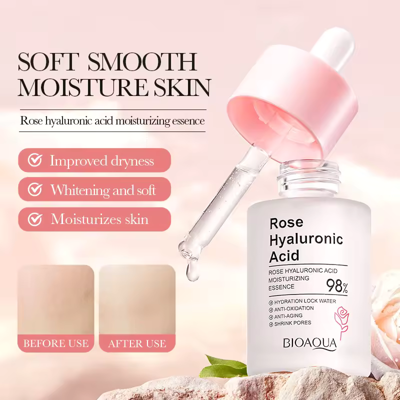 BIOAQUA Rose Hyaluronic Acid Moisturizing Essence, for Intensive Hydration, Replenish Skin Nutrition, Anti Oxidation, Anti Aging and Shrink Pores, Can combine with Vitamin C for Brightened Moisturized
