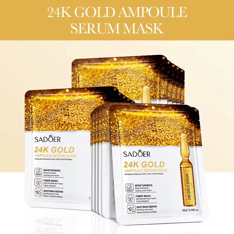 Sadoer Face Mask, 5 Pieces Sadoer 24K Gold Serum Face Mask, 24K Gold Ampoule good at Locking Moisture, Hydration, Brightening, Soothing and Repair, can Use Vitamin C Aftewards for A Glowing Moisturize
