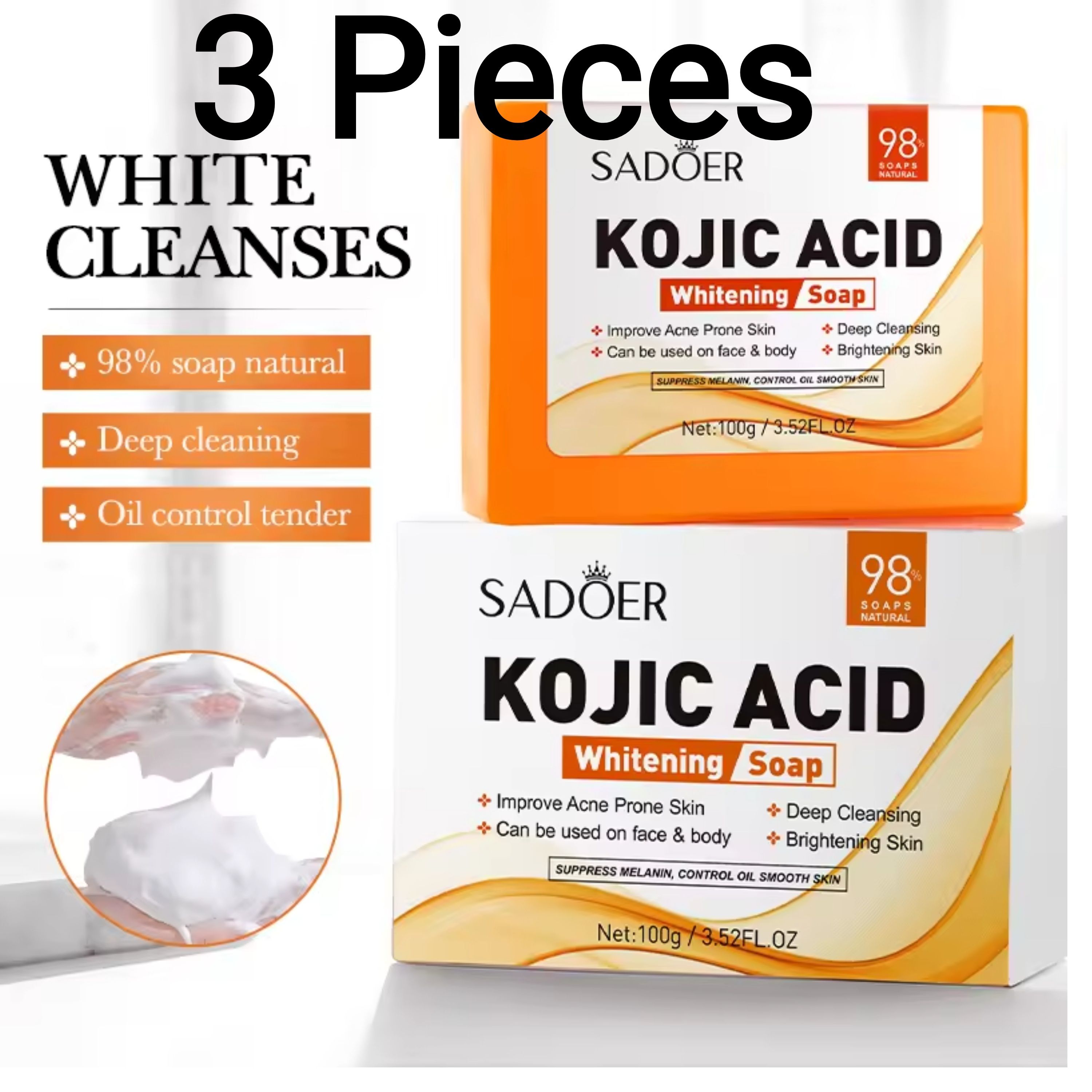 Sadoer  Kojic Soap 3 Pieces,  Kojic Acid Whitening Soap, Deep Cleansing, Skin Brightening Like Vitamin C, Improve Acne Prone Skin, For Face and Body Skin Care