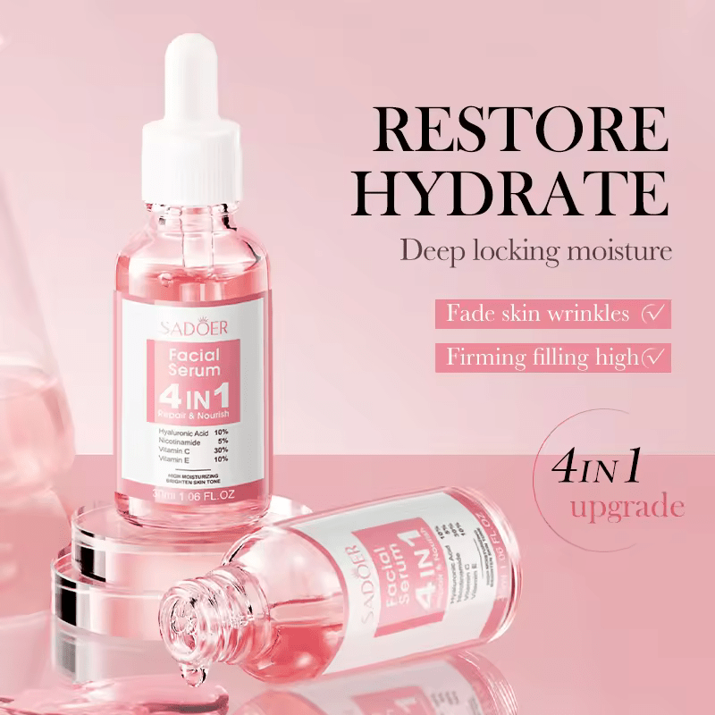 SADOER Facial Serum 4 in 1 Repair and Nourish with Hyaluronic Acid, Nicotinamide, Vitamin C and Vitamin E, High Moisturizing and Brighten Skin Tone, Rejuvenates, Whitens Blemishes and Dark Spots