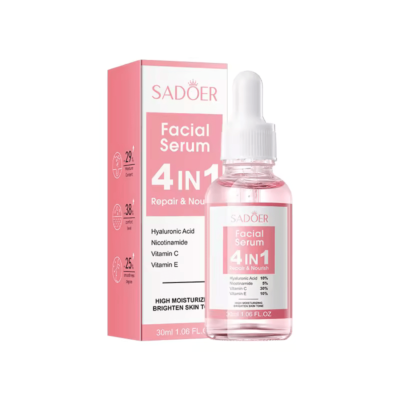 SADOER Facial Serum 4 in 1 Repair and Nourish with Hyaluronic Acid, Nicotinamide, Vitamin C and Vitamin E, High Moisturizing and Brighten Skin Tone, Rejuvenates, Whitens Blemishes and Dark Spots