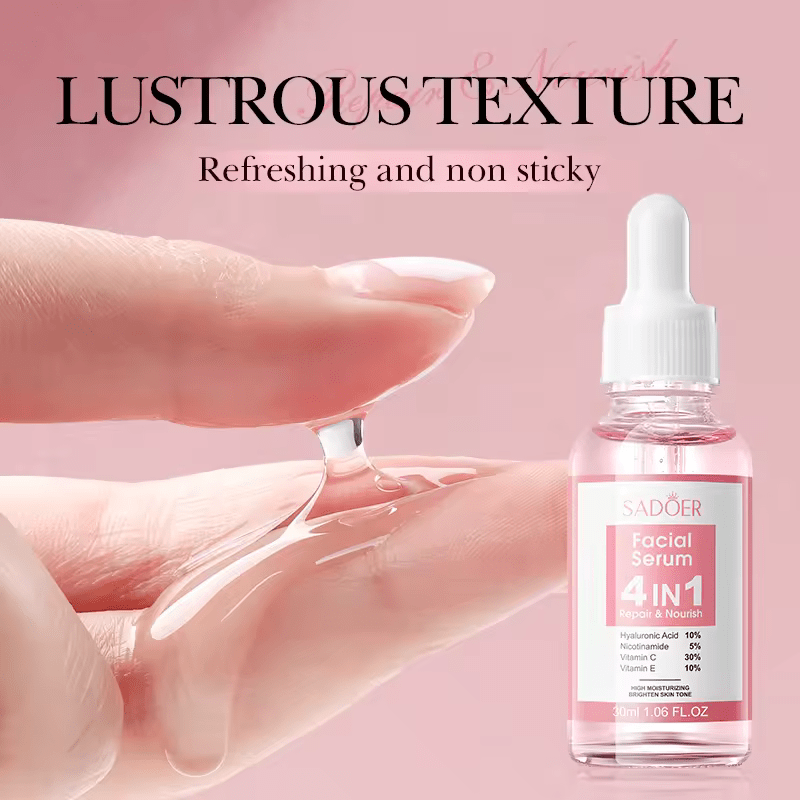 SADOER Facial Serum 4 in 1 Repair and Nourish with Hyaluronic Acid, Nicotinamide, Vitamin C and Vitamin E, High Moisturizing and Brighten Skin Tone, Rejuvenates, Whitens Blemishes and Dark Spots