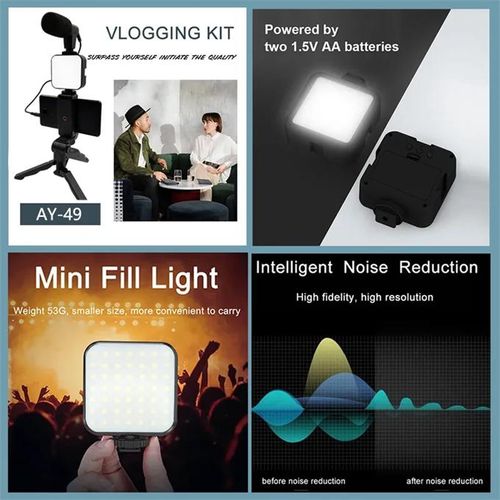Portable Cell Phone Camera Travel Tripod Vlogging Kit with Microphone LED Light for Video Interview Live Broadcast Cell Phone Stand