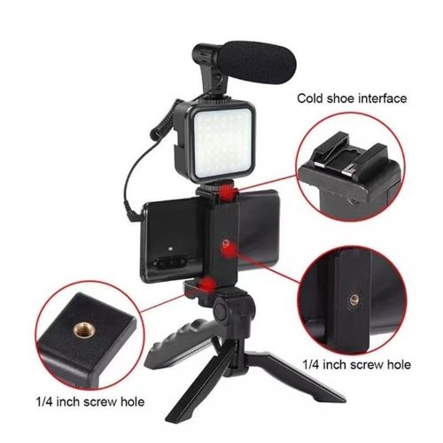 Portable Cell Phone Camera Travel Tripod Vlogging Kit with Microphone LED Light for Video Interview Live Broadcast Cell Phone Stand