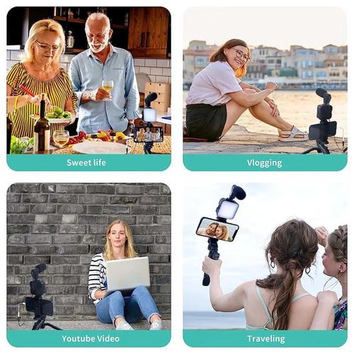 Portable Cell Phone Camera Travel Tripod Vlogging Kit with Microphone LED Light for Video Interview Live Broadcast Cell Phone Stand
