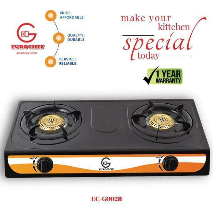 Eurochef Table Top Stainless Steel 2 Burner Gas Cooker. Full Safety Cooktop with Brass Pan Support for Heavy & Large Pots, Plus 6kg Regulator And Pipe
