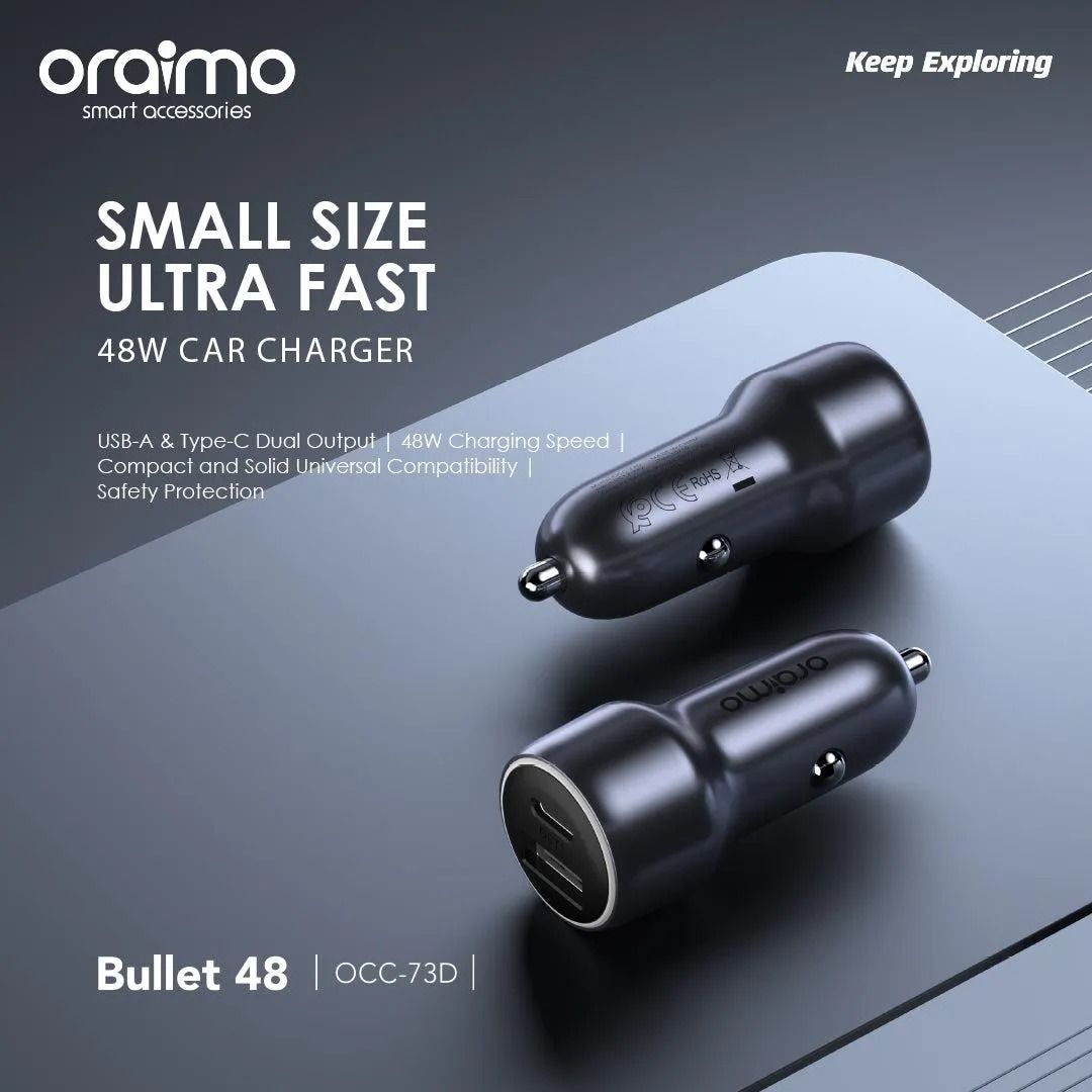 oraimo Bullet 48W Fast Charging Compact Safe Car / DC / Solar Phone Charger