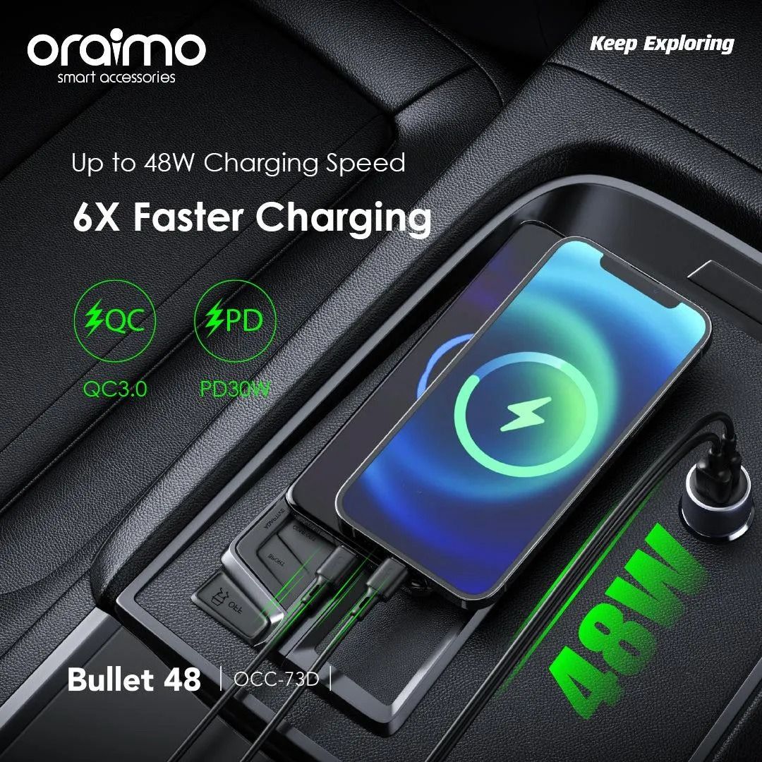 oraimo Bullet 48W Fast Charging Compact Safe Car / DC / Solar Phone Charger