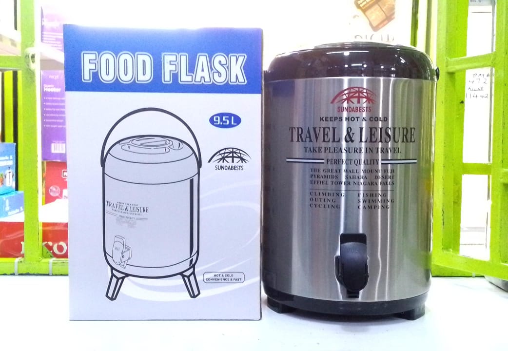 Food flask Size: 9.5L.Durable thermo food flask  Ideal for beverage Convenient for both HOT or COLD drinks With two small cups easy to clea