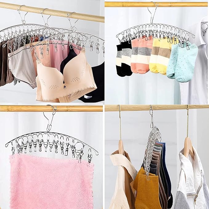LARGE Pegs Stainless Steel Hanger Sock Hanger Drying Rack with Pegs Stainless Steel Laundry Dryer Rack Windproof Clothes Washing Line for Baby Clothes, Underwear, Gloves, Bras