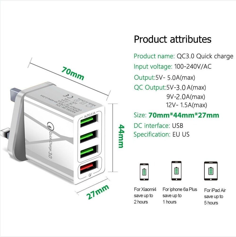 Qualcomm 3.0 & 35W Accessories Orig 4USB Color Wall Charger Fast Charging 3.1A Travel Charger 220v Plug Adapter 4 Port w/3.0 USB Output Multi USB Slot Charger KC01