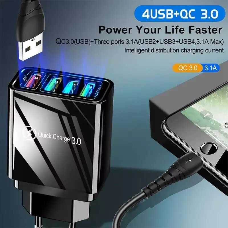 Qualcomm 3.0 & 35W Accessories Orig 4USB Color Wall Charger Fast Charging 3.1A Travel Charger 220v Plug Adapter 4 Port w/3.0 USB Output Multi USB Slot Charger KC01