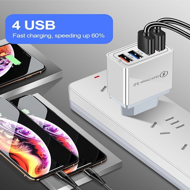 Qualcomm 3.0 & 35W Accessories Orig 4USB Color Wall Charger Fast Charging 3.1A Travel Charger 220v Plug Adapter 4 Port w/3.0 USB Output Multi USB Slot Charger KC01