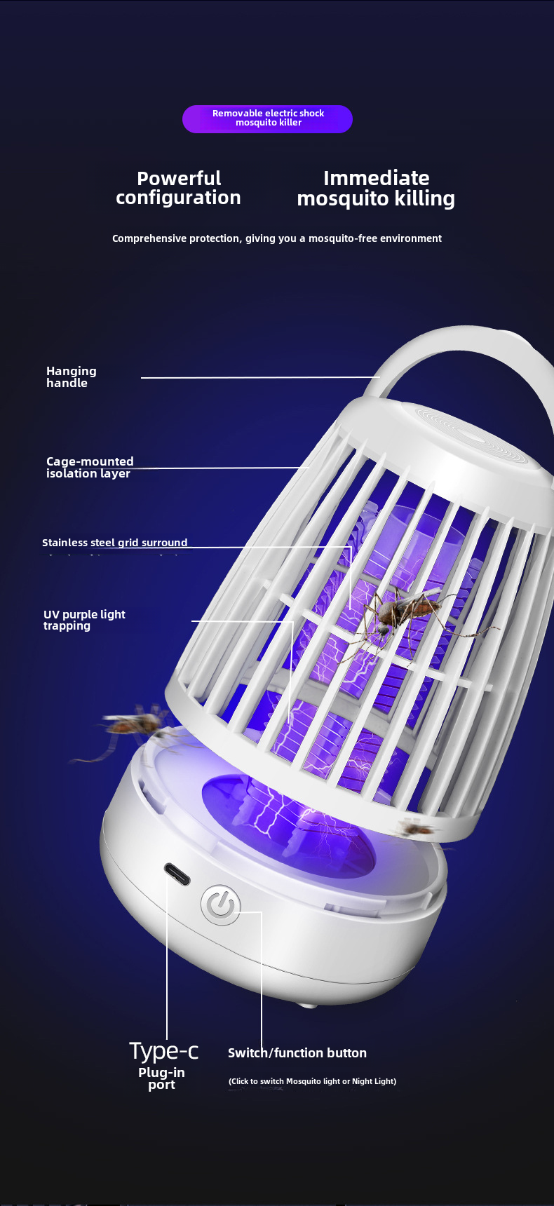 Electric shock kill Mosquito lamp,Night Light, purple light trap Fly traps，Indoor, outdoor, commercial  ExterMosquito controltor