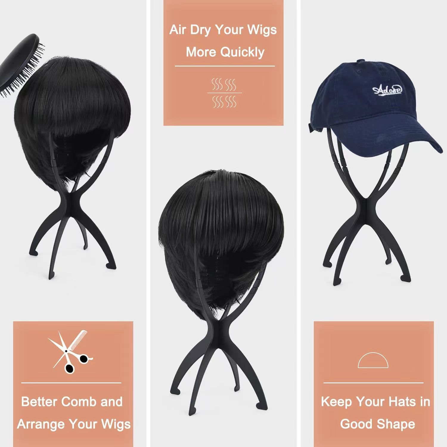 2 pcs Portable Folding Plastic Stable Durable Wig Hair Hat & 
Mannequin Dummy Head Hat Cap Hair Holder &  Cap Holder Stand Display Tool Wig Stand & Complimentary comb