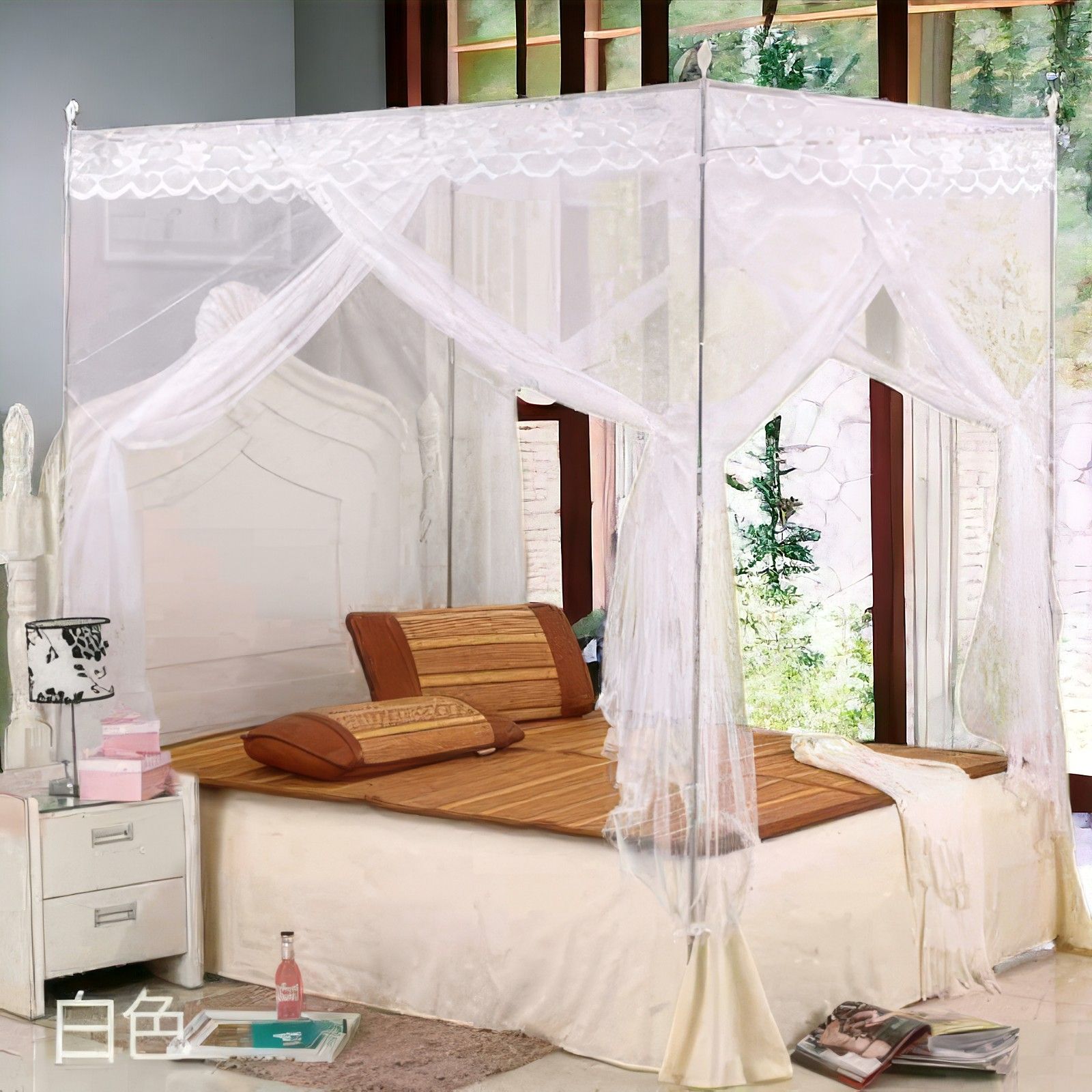 Luxury Four-Post Bed Canopy Mosquito Net - Elegant Lace Design Mosquito Repellent Tent for Full Bed - Available in Pink, Purple, Cream, and White | Kilimall Kenya
