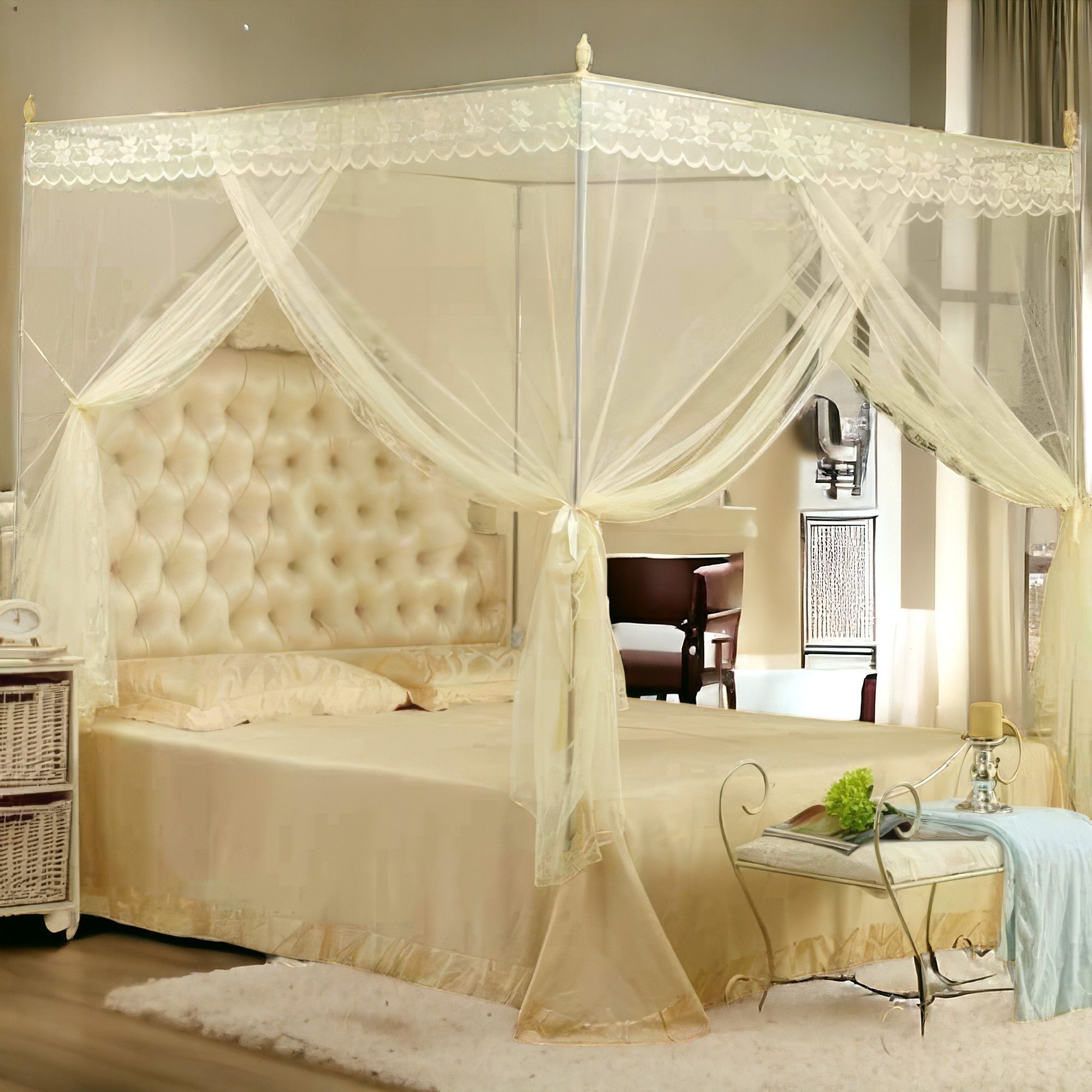 Luxury Four-Post Bed Canopy Mosquito Net - Elegant Lace Design Mosquito Repellent Tent for Full Bed - Available in Pink, Purple, Cream, and White | Kilimall Kenya