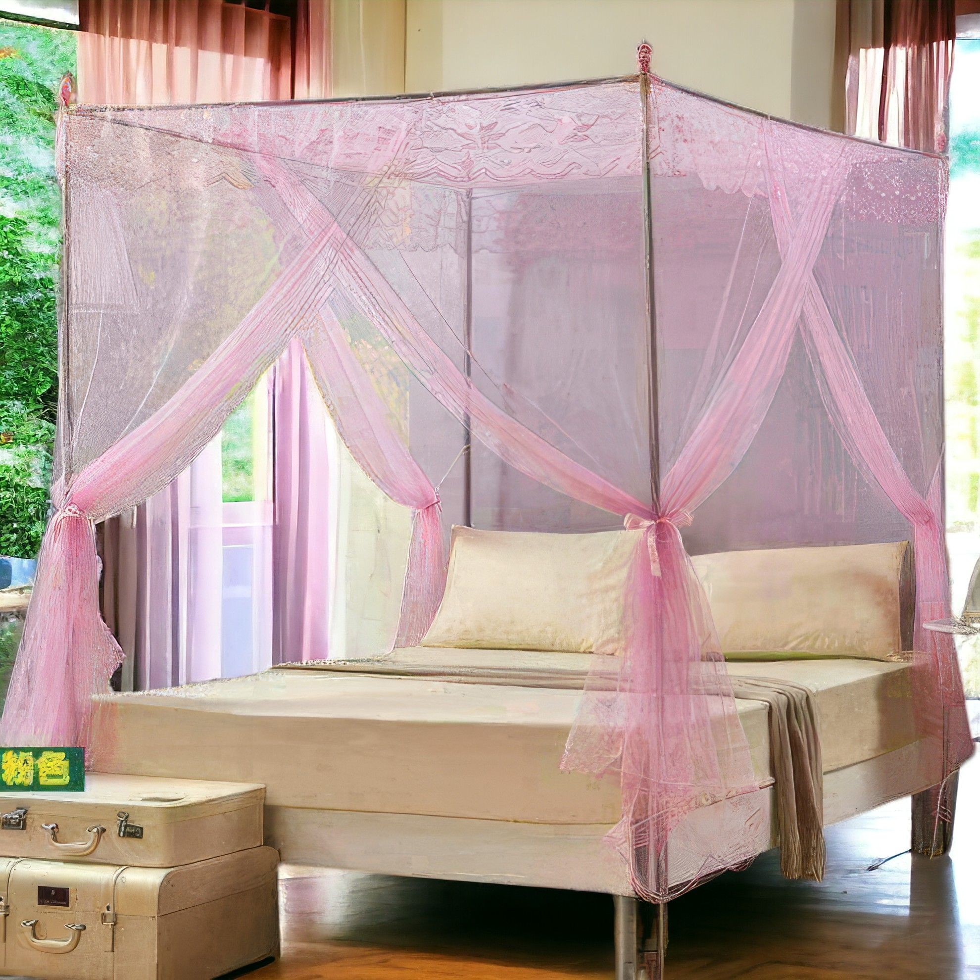 Luxury Four-Post Bed Canopy Mosquito Net - Elegant Lace Design Mosquito Repellent Tent for Full Bed - Available in Pink, Purple, Cream, and White | Kilimall Kenya