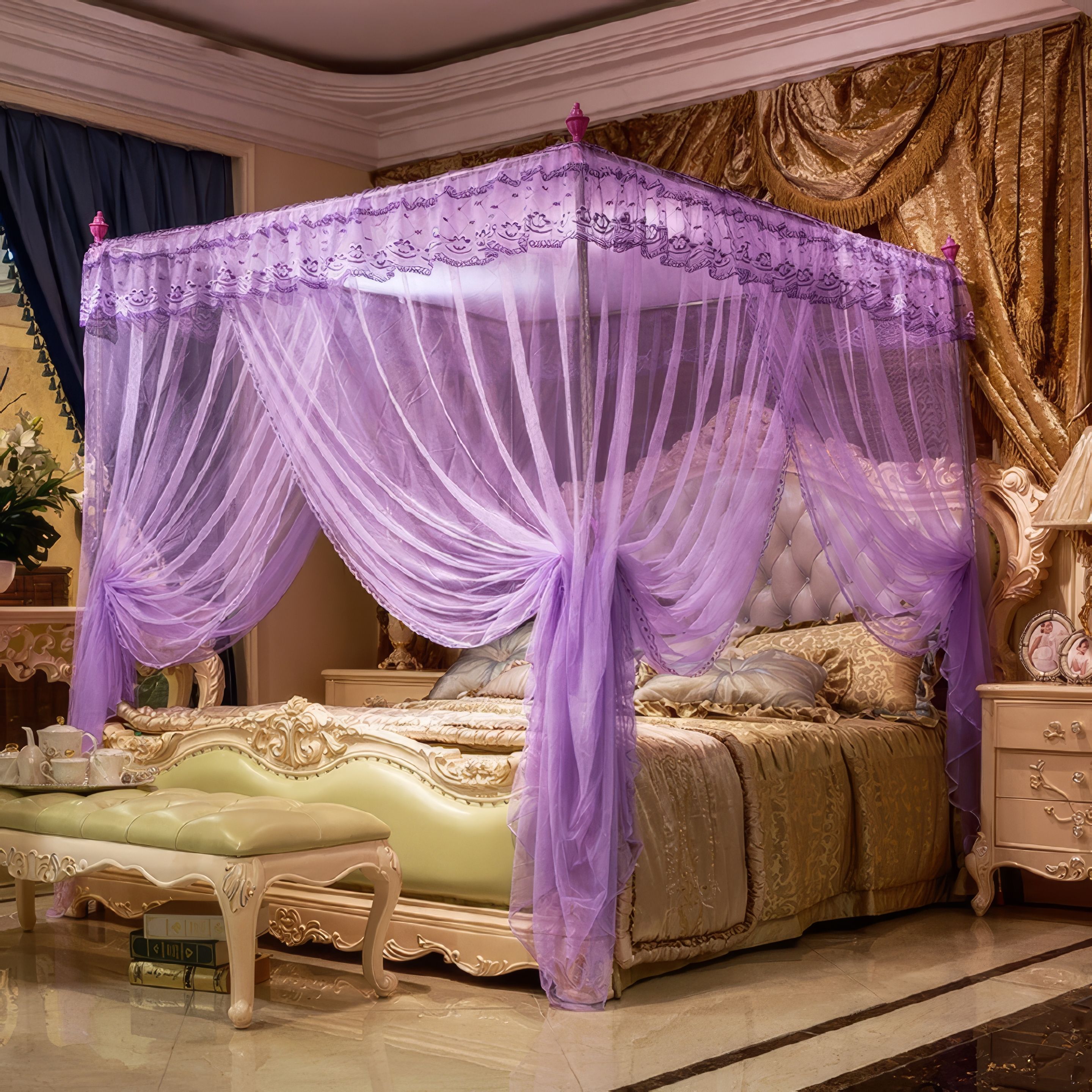 Luxury Four-Post Bed Canopy Mosquito Net - Elegant Lace Design Mosquito Repellent Tent for Full Bed - Available in Pink, Purple, Cream, and White | Kilimall Kenya