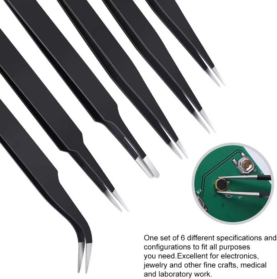 6PCS Precision Tweezers Set, Upgraded Anti-Static Stainless Steel Curved of Tweezers, for Electronics, Laboratory Work, Jewelry-Making, Craft, Soldering, etc