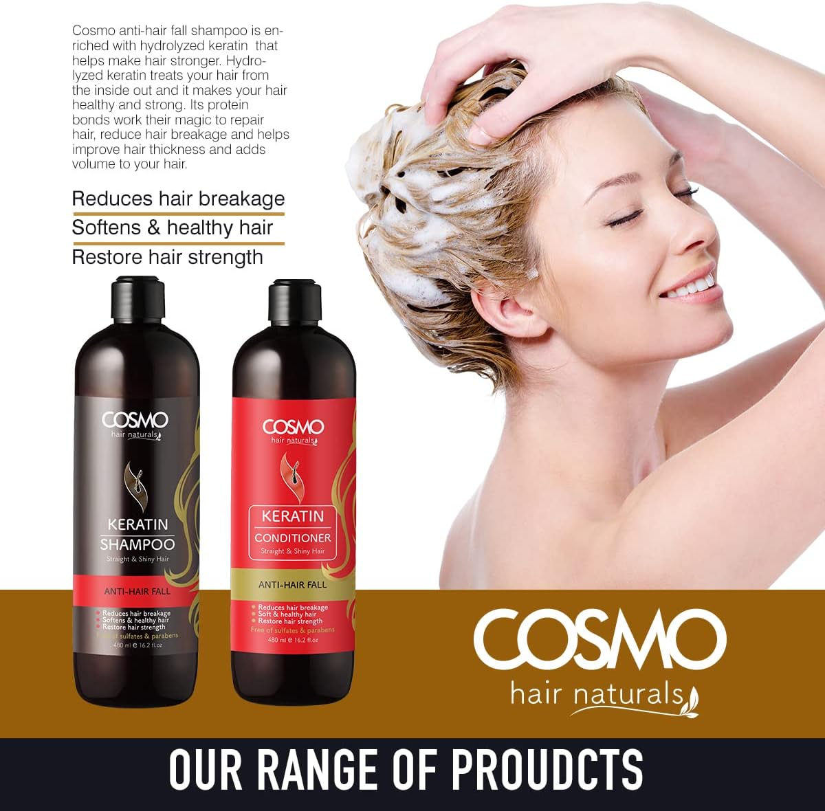 Cosmo Keratin Anti Hair Fall Shampoo 480ml For Unisex Use entle Daily Care Sulfate and Paraben Free to Strengthen and Restore Hair - 480ml Nourishes Scalp Strengthens and Repairs