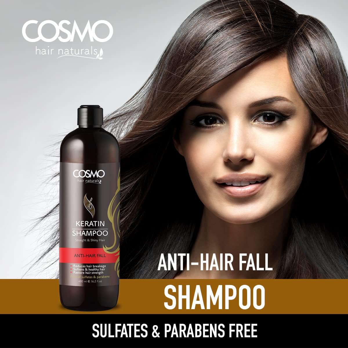 Cosmo Keratin Anti Hair Fall Shampoo 480ml For Unisex Use entle Daily Care Sulfate and Paraben Free to Strengthen and Restore Hair - 480ml Nourishes Scalp Strengthens and Repairs