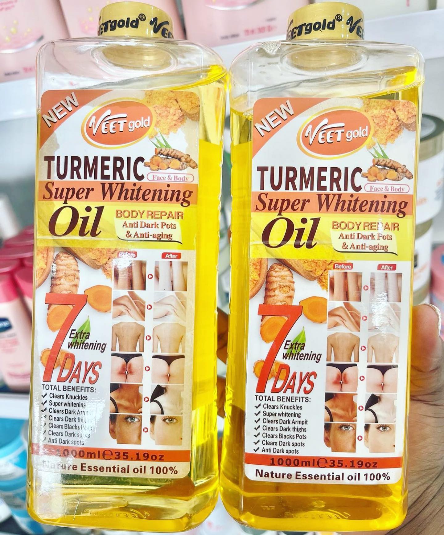 VEET GOLD Turmeric Supper Whitening Oil 1000ml Clears Knuckles Removes Dirt & Impurities Super Whitening Clears Dark Thighs Anti Dark Spots Body Oil 1000ml