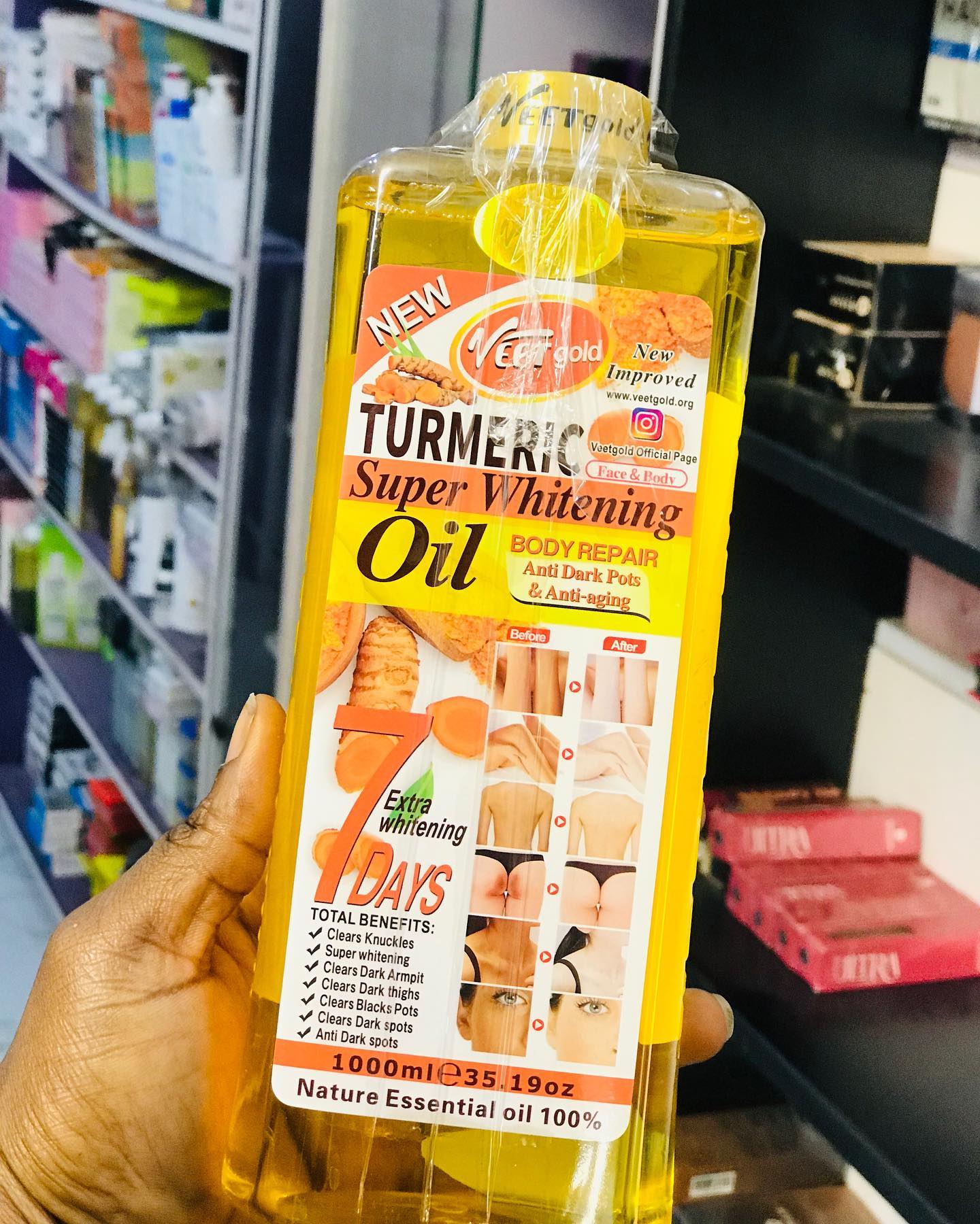VEET GOLD Turmeric Supper Whitening Oil 1000ml Clears Knuckles Removes Dirt & Impurities Super Whitening Clears Dark Thighs Anti Dark Spots Body Oil 1000ml