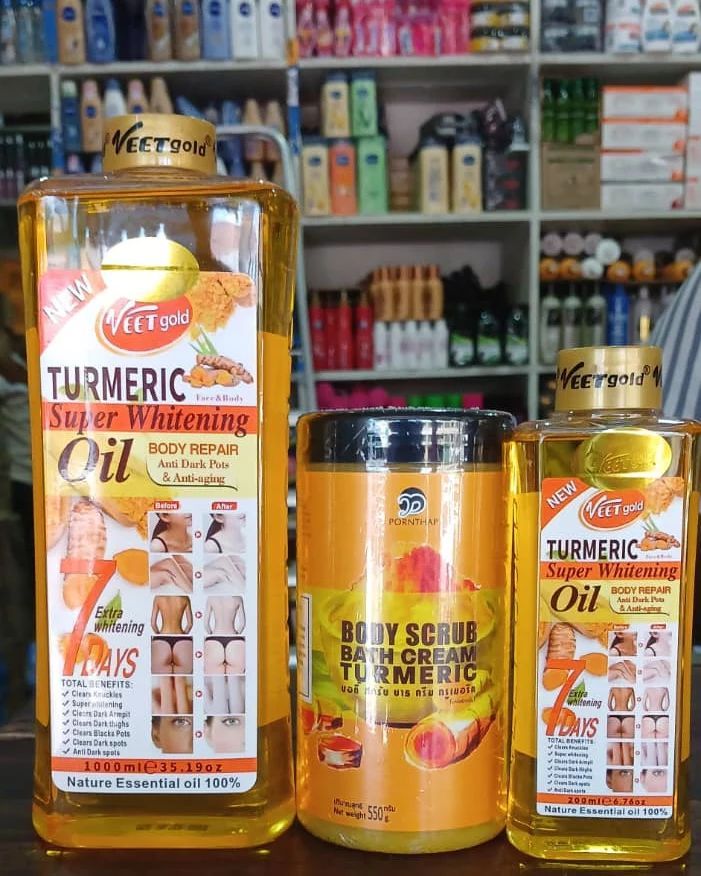 2 Pack Turmeric Body Oil 1000ml + Body Scrub 550g Super Whitening  Skin Repair Anti-Aging Removes Wrinkles Dark Spots & Smooths Clears Knuckles PornThap Premium Organic Exfoliating Body Scrub