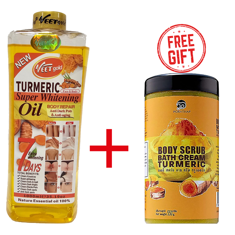 2 Pack Turmeric Body Oil 1000ml + Body Scrub 550g Super Whitening  Skin Repair Anti-Aging Removes Wrinkles Dark Spots & Smooths Clears Knuckles PornThap Premium Organic Exfoliating Body Scrub
