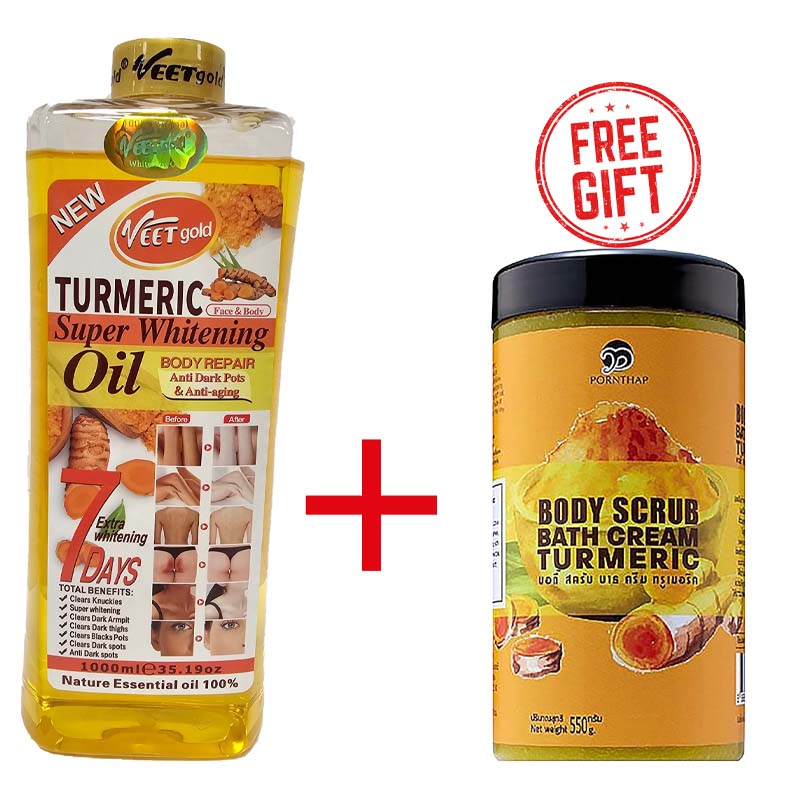 2 Pack Turmeric Body Oil 1000ml + Body Scrub 550g Super Whitening  Skin Repair Anti-Aging Removes Wrinkles Dark Spots & Smooths Clears Knuckles PornThap Premium Organic Exfoliating Body Scrub