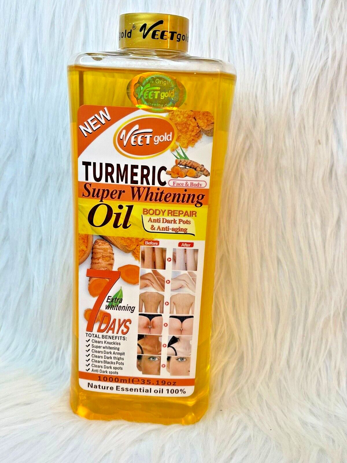VEET GOLD Turmeric Supper Whitening Oil 1000ml + Soap 250g Whitening Soap Clears Knuckles Removes Dirt & Impurities Super Whitening Clears Dark Thighs Anti Dark Spots Body Oil 1000ml
