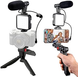 Camera Video Recording Vlogging Kit for Video Making, Mic, Mini Tripod Stand, LED Light & Phone Holder Clip for Making Videos Podcasting