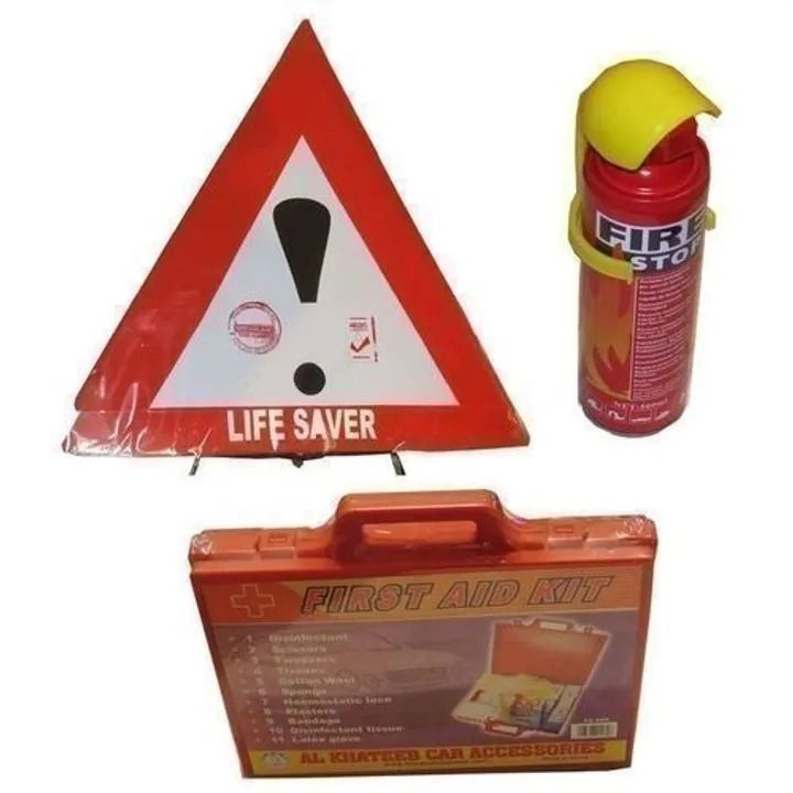 First aid kit + life saver + fire extinguisher Red